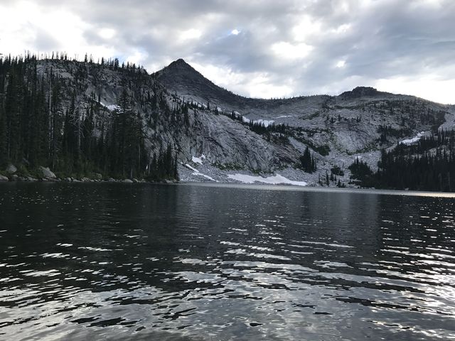 View towards the western shore and a large lingering snowfield