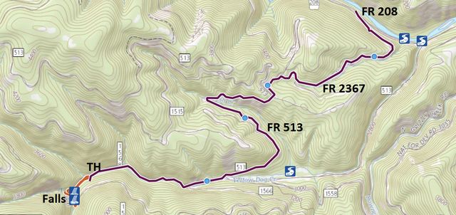 Red: Hiking trail; Purple: Drive to the trailhead from FR208