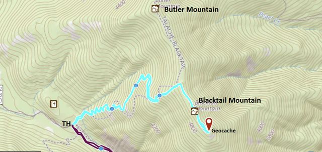 Teal: Blacktail Mountain trail; Purple: Maiden Rock trail