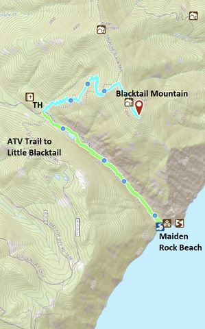 Green: Maiden Rock trail; Teal: Blacktail Mountain Trail. The marker is a geocache