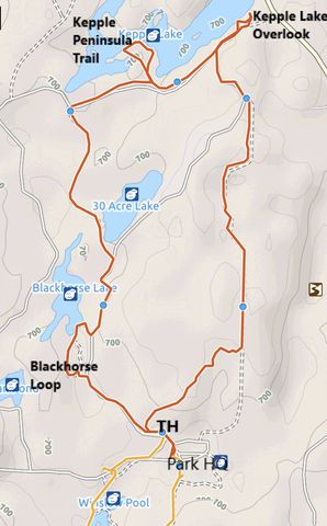 Red: Bluebird-30-Acre Loop; Orange: Stubblefield Lake Loop