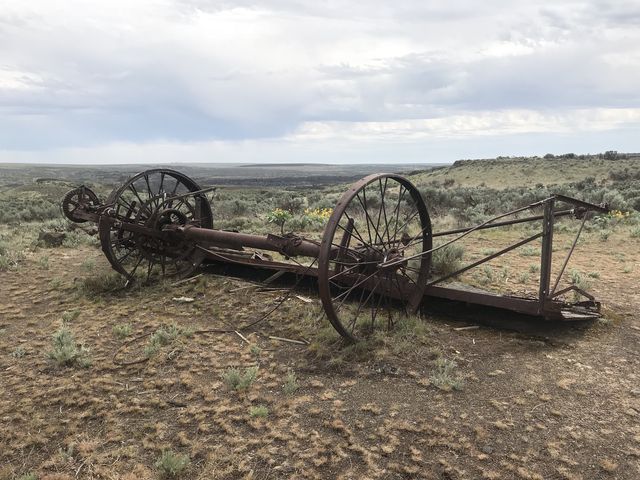 A rusting farm implement (mower)