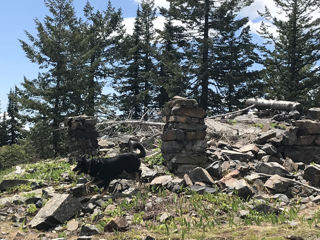 The base of a lookout tower atop Plowboy Mountain