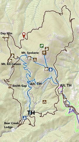 Black: Circumference Loop; Blue: Mt. Spokane Peak Loop; the lines in the lower right are XC ski trails