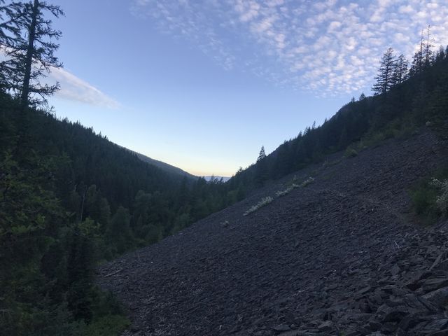 Looking across talus fields, dropping down from Goat Ridge, towards the mouth of the Swamp Creek valley