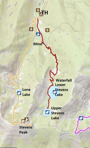 Red: Stevens Lake; Orange: Lone Lake to Stevens Peak loop; Pink: St. Regis Lake loop