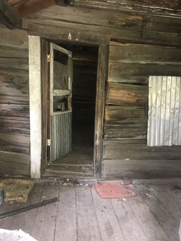 The nicer one of the 2 cabins. This one is a log cabin covered with steel sheeting. Both cabins are falling apart