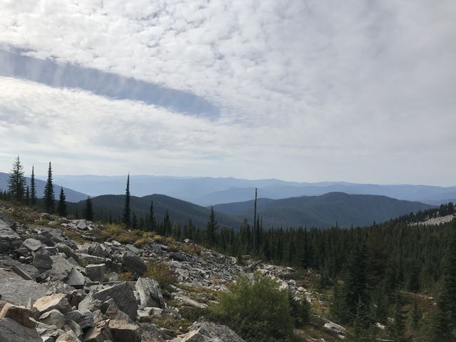 View into the Coeur dAlene Mountains. The wooded ridge in the foreground is Goat Ridge