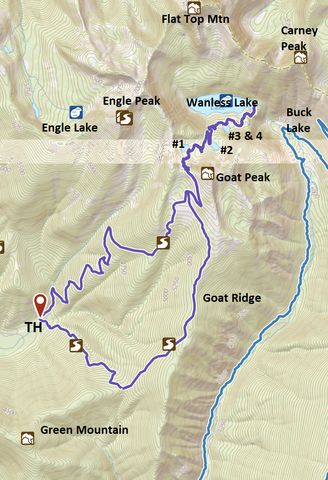 Dark blue: Wanless Lake Loop; Lighter blue: Buck Lake Loop