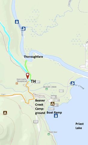 Green: Portage trail; Orange: Plowboy Mountain trail; Teal: Navigation trail