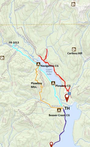 Teal: Navigation Trail; Orange: Plowboy Mountain Trail; Red: Upper Priest and Trapper Creek Trail; Purple: Lakeshore Trail